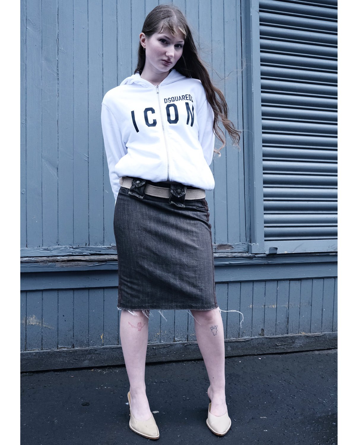 Tilly wears 00’s Jean Paul Gaultier pocket belt pencil skirt & D squared Icon hooded zip up.