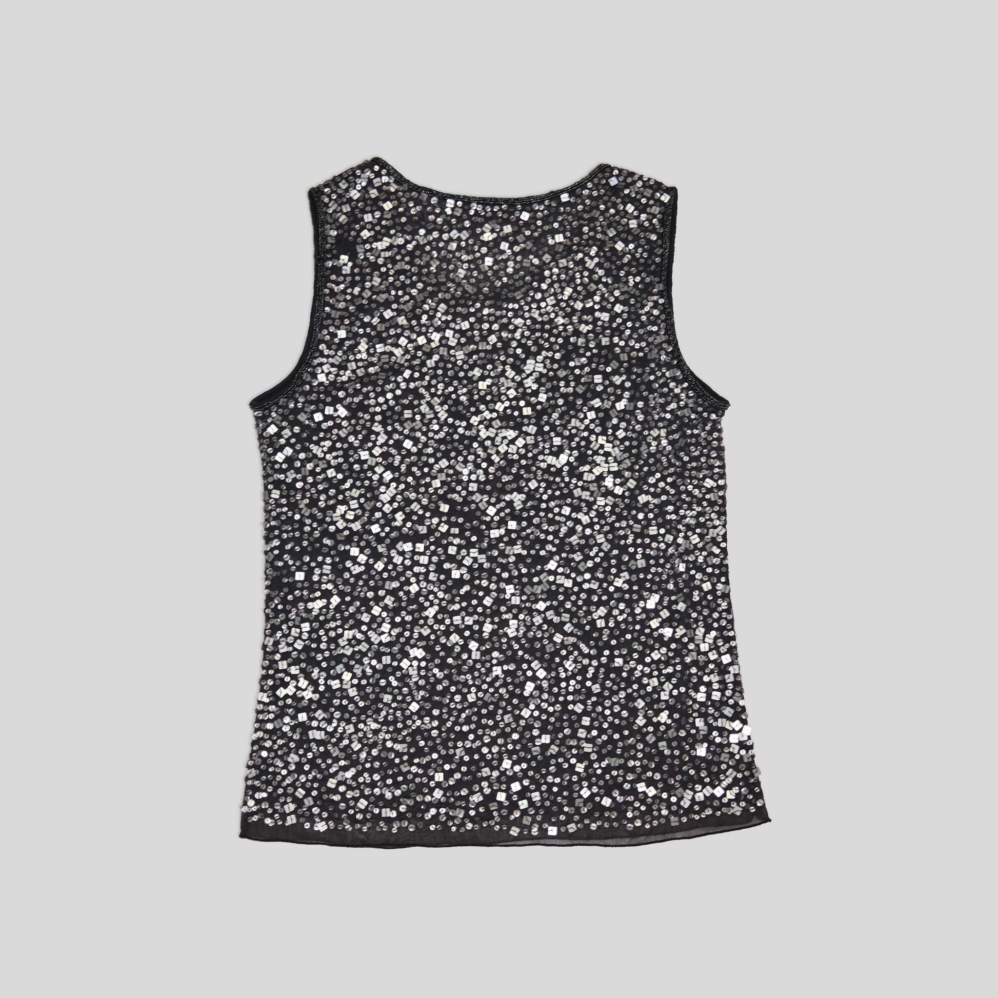 00'S Sequin Mesh Top in Silver with Beaded Neckline - M 