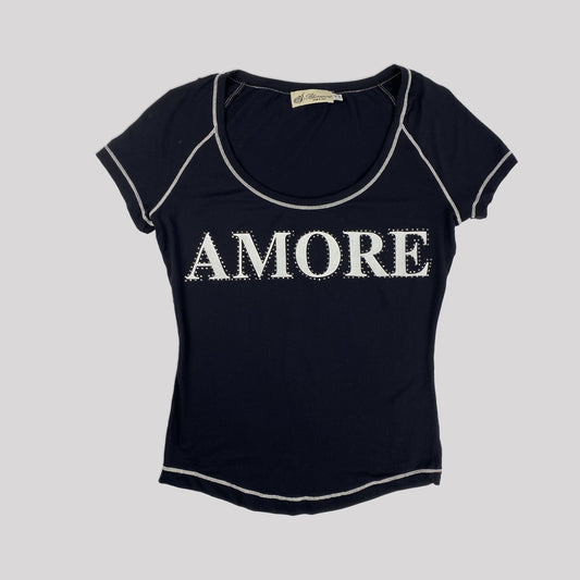 00's Blumarine Amore Slogan Top in Black Stretch -  M 