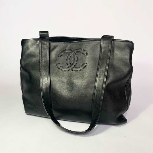 00's Chanel Leather Multi Compartment Tote Bag with CC Detail in Black Calfskin 