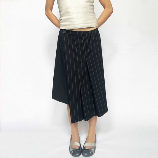 00's Cop Copine Asymteric Wrap Midi Skirt in Navy Pinstripe - S 