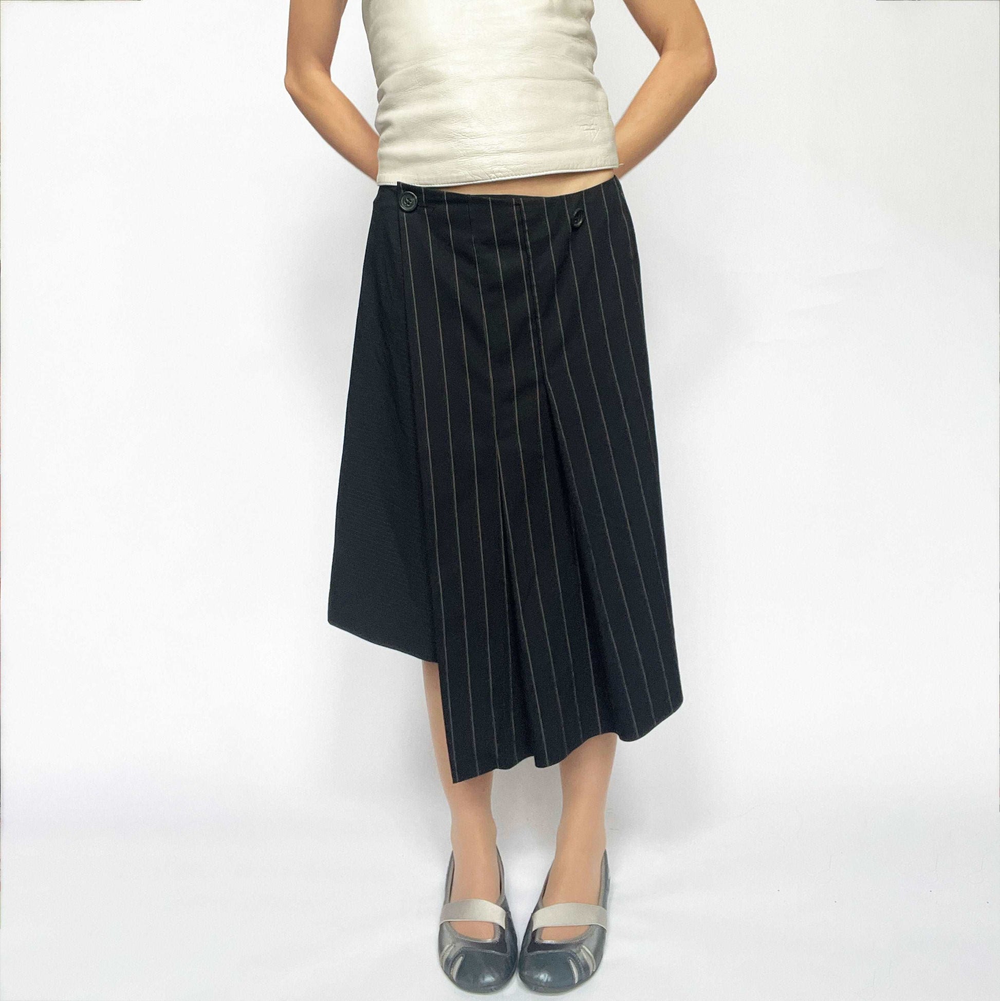 00's Cop Copine Asymteric Wrap Midi Skirt in Navy Pinstripe - S 