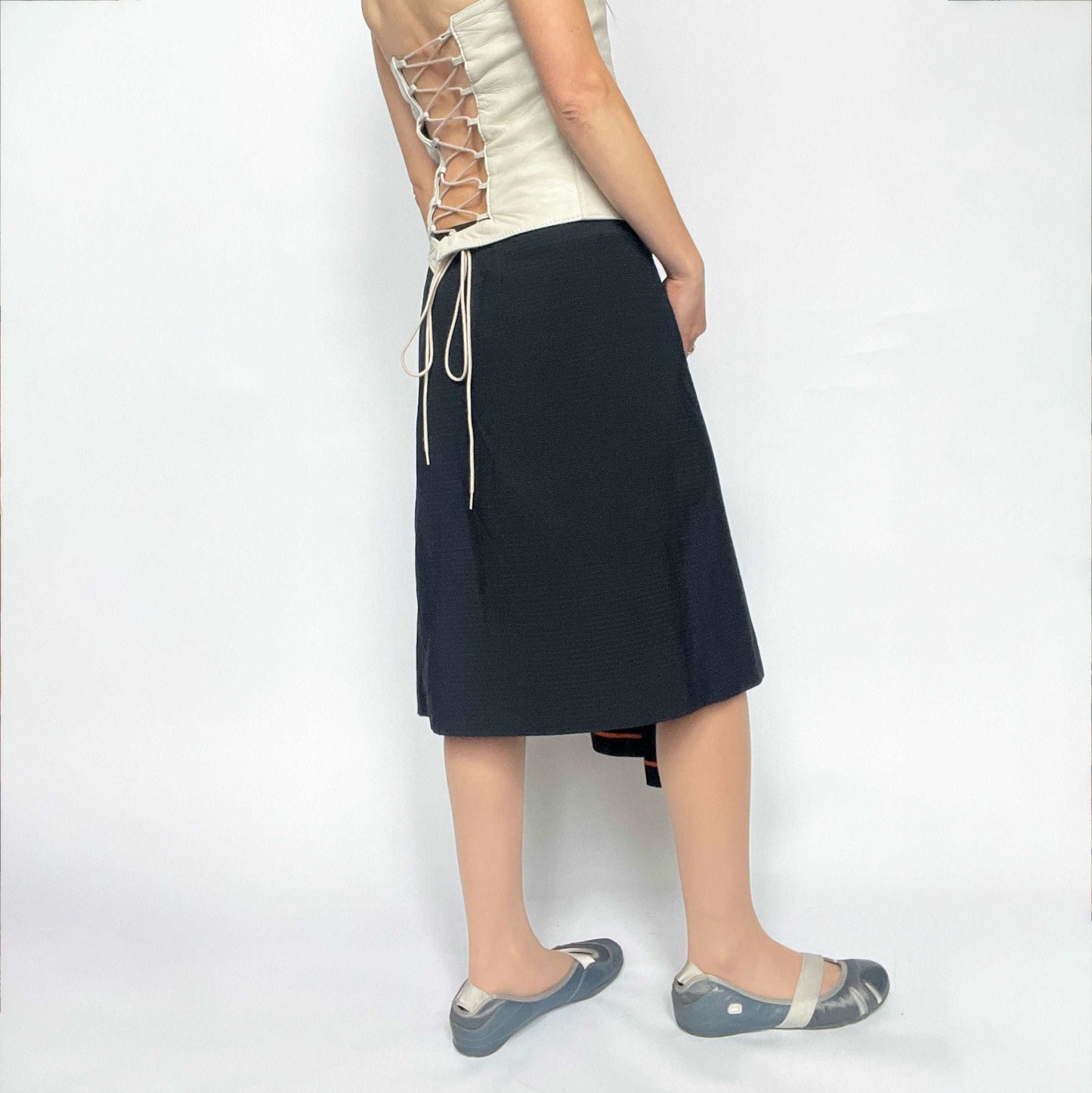 00's Cop Copine Asymteric Wrap Midi Skirt in Navy Pinstripe - S 