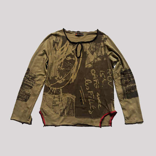 00's Cop Copine Printed Mesh Longsleeve Top in Khaki - M 