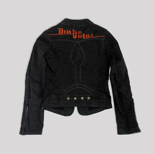 00's Diesel Diabo Veloz Embroidered Moto Jacket in Black- S 