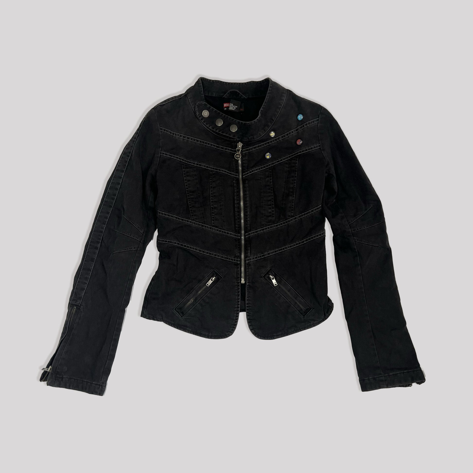 00's Diesel Diabo Veloz Embroidered Moto Jacket in Black- S 