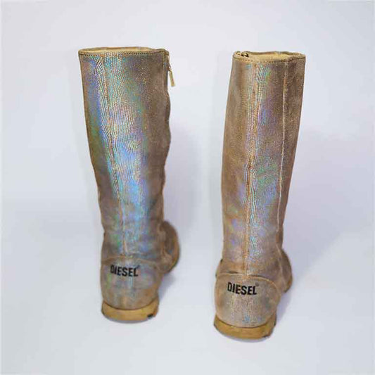 00's Diesel Iridescent Leather Knee High Moto Boots - UK 5 