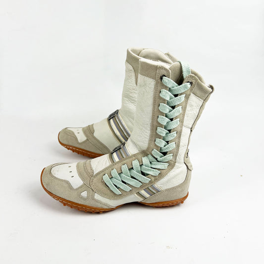 00's Diesel Leather Boxing Boots in Cream with Blue Lace Up Detail - UK 5.5 