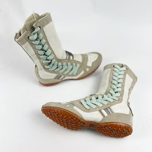 00's Diesel Leather Boxing Boots in Cream with Blue Lace Up Detail - UK 5.5 