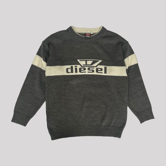 00's Diesel Logo Knit in Grey with White Stripe - M 