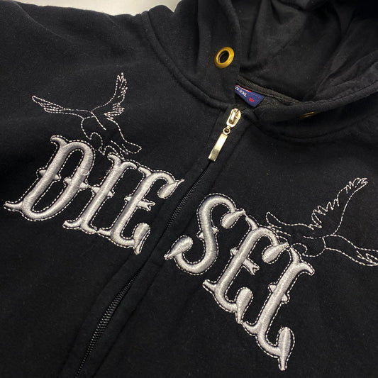 00's Diesel Zip Up Hooded Jumper with Emo Style Embellishment with Swallows - XS 