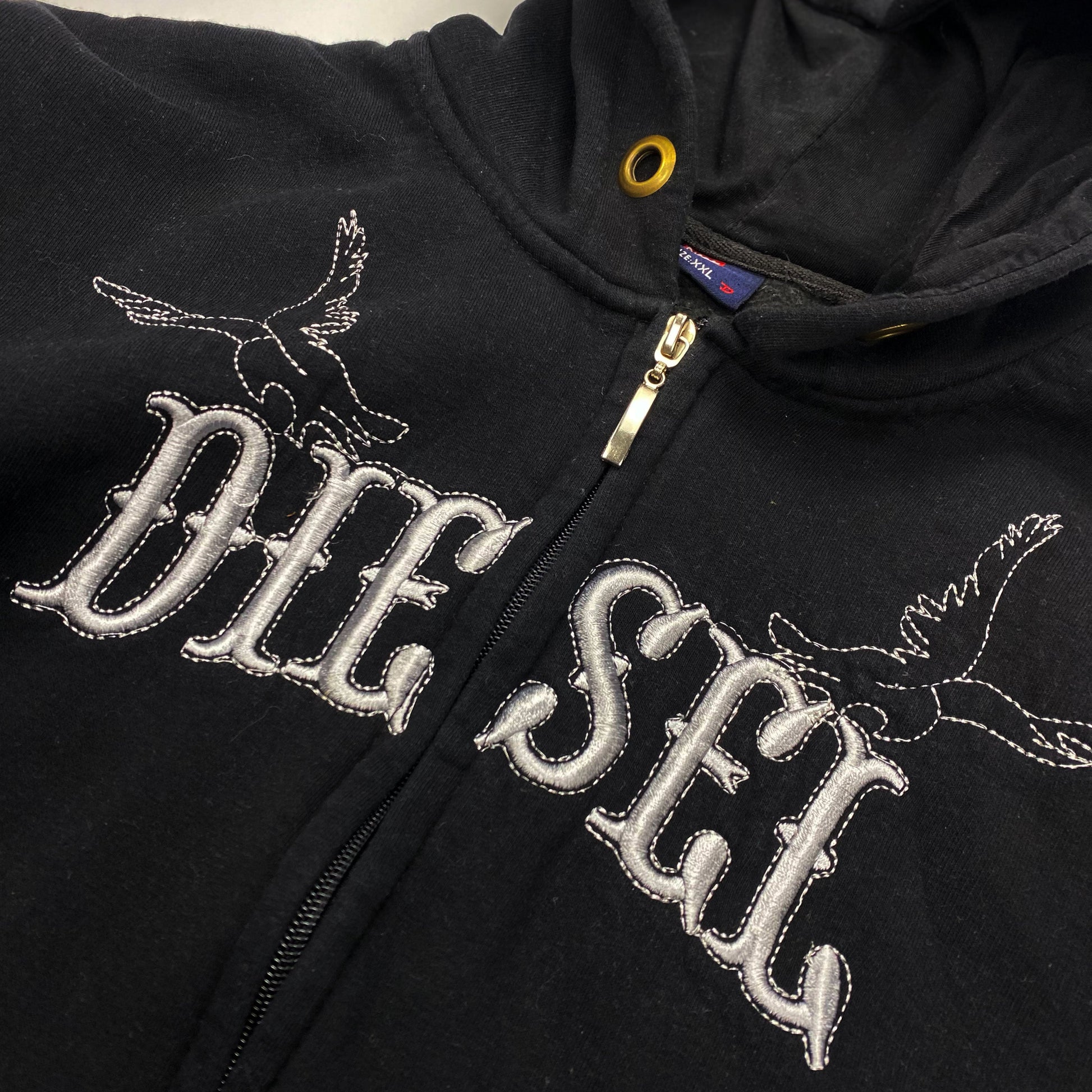 00's Diesel Zip Up Hooded Jumper with Emo Style Embellishment with Swallows - XS 