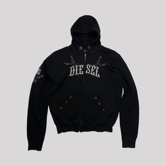 00's Diesel Zip Up Hooded Jumper with Emo Style Embellishment with Swallows - XS 