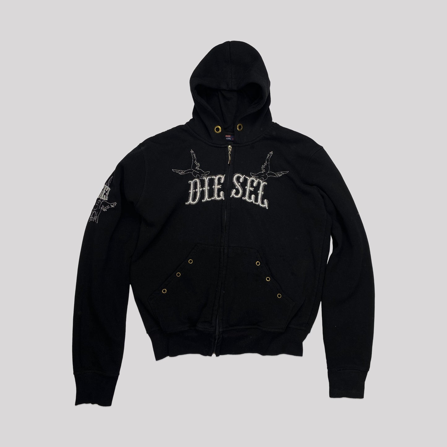 00's Diesel Zip Up Hooded Jumper with Emo Style Embellishment with Swallows - XS 