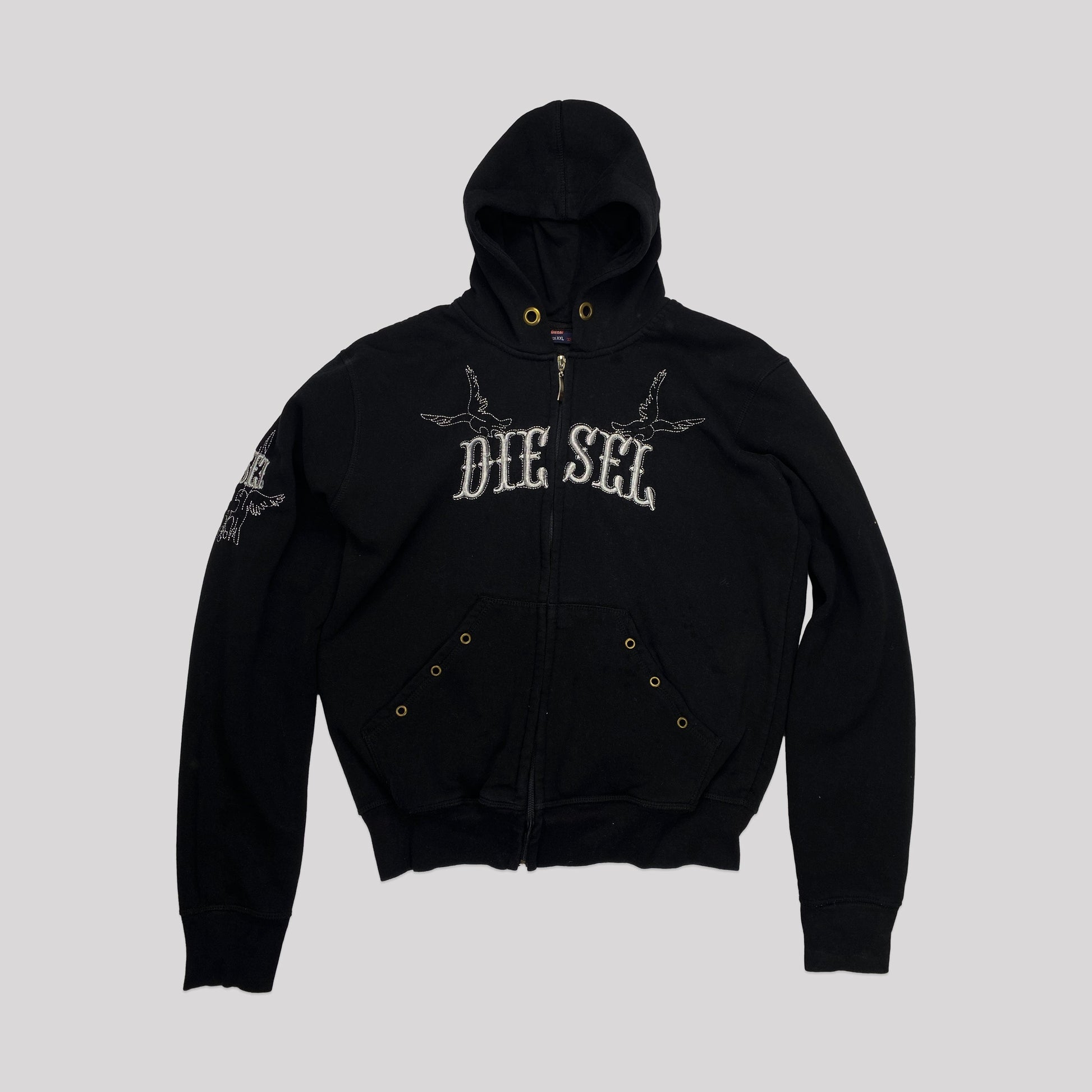 00's Diesel Zip Up Hooded Jumper with Emo Style Embellishment with Swallows - XS 