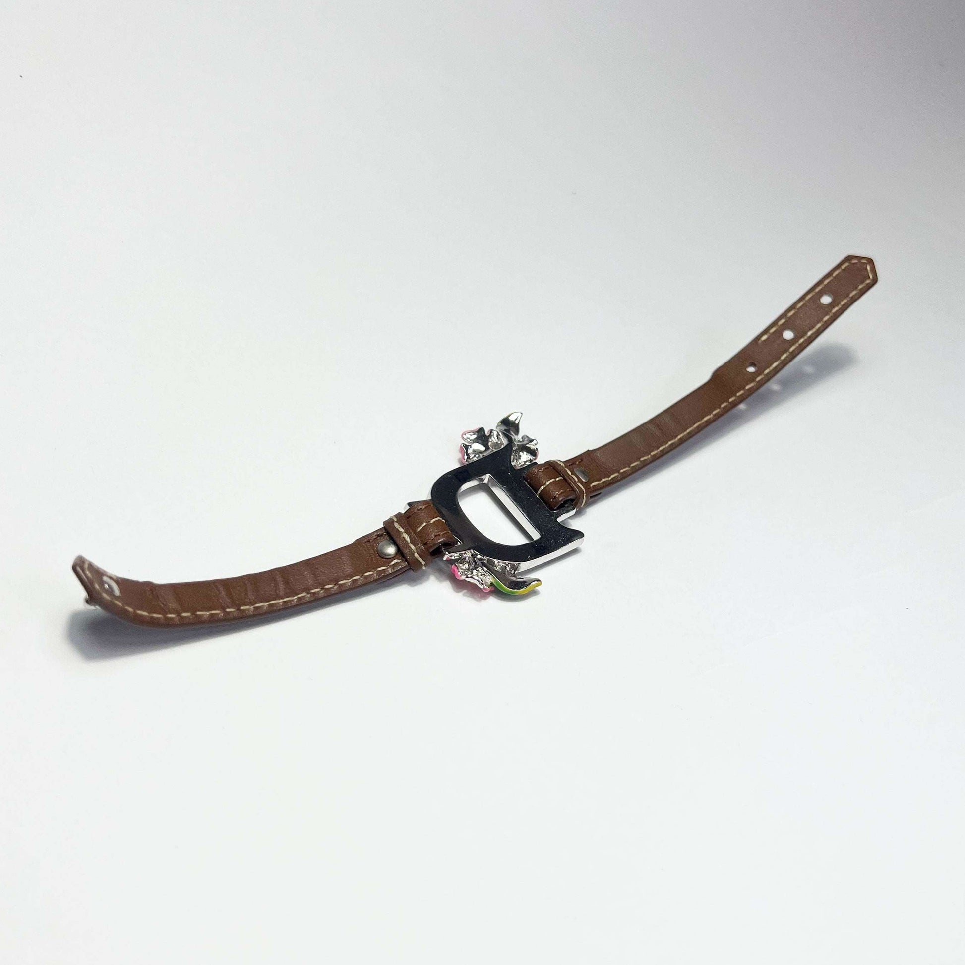 00's Dior Leather Bracelet with Enamel Flowers in Brown 