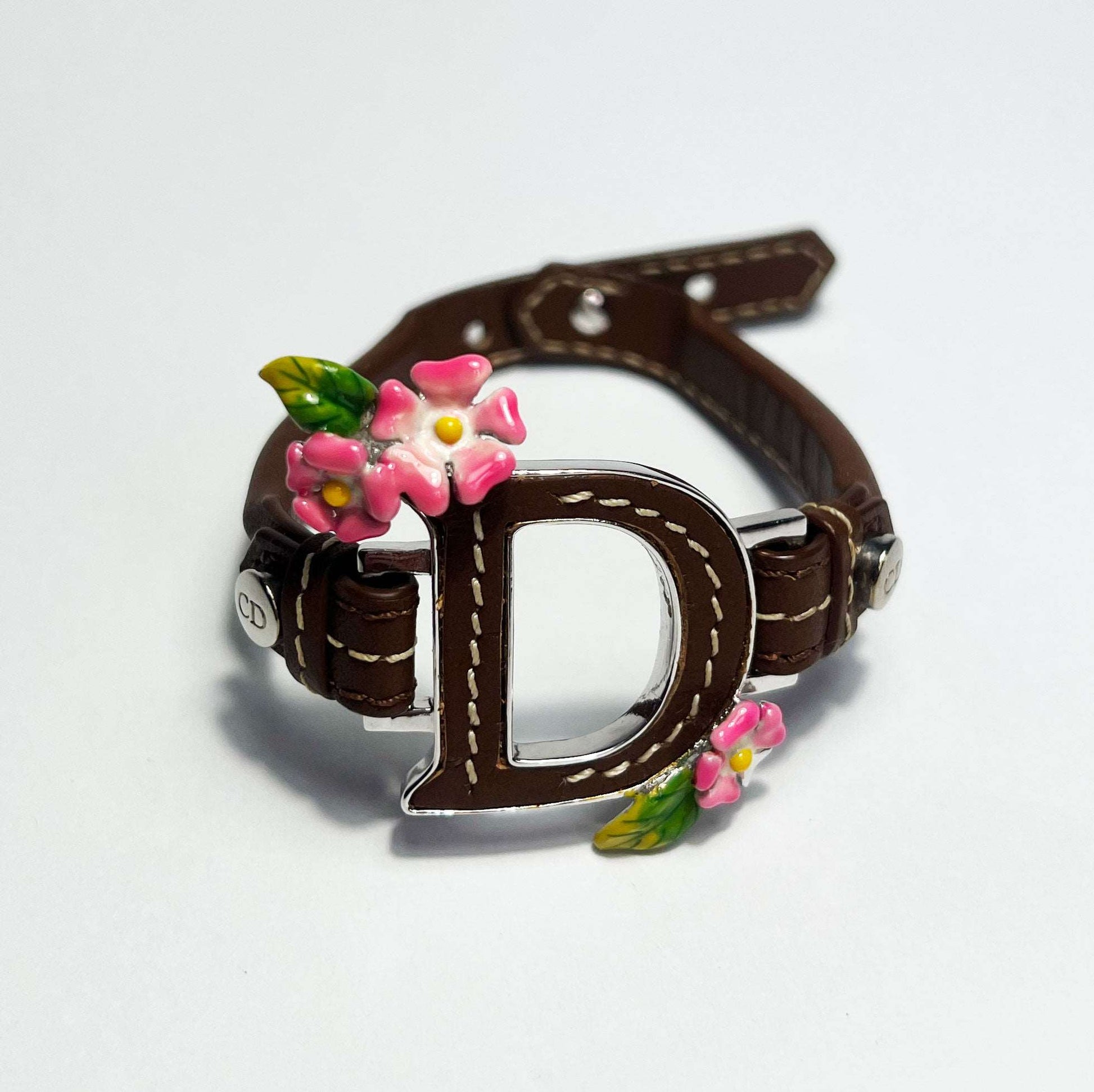 00's Dior Leather Bracelet with Enamel Flowers in Brown 