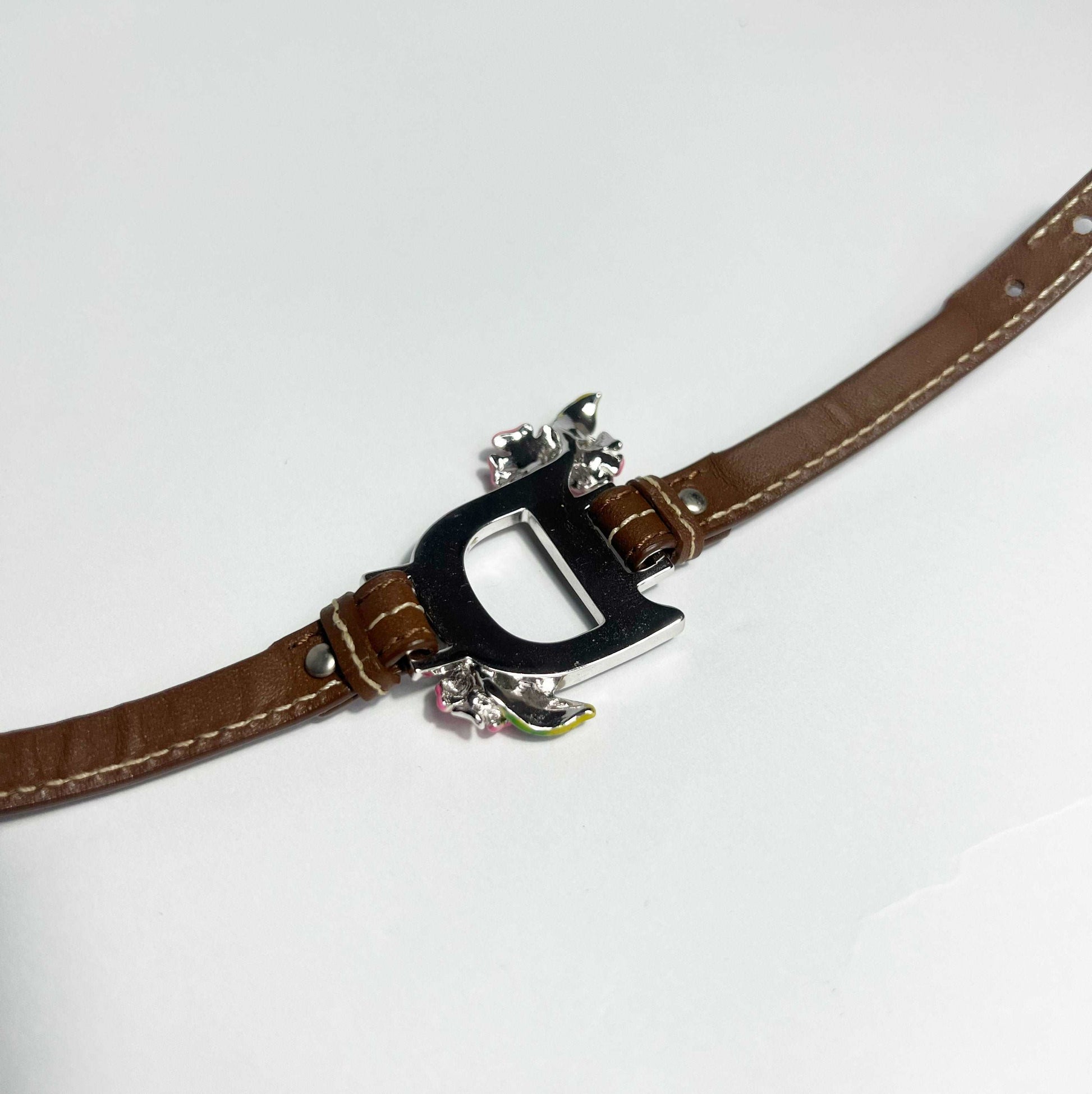 00's Dior Leather Bracelet with Enamel Flowers in Brown 