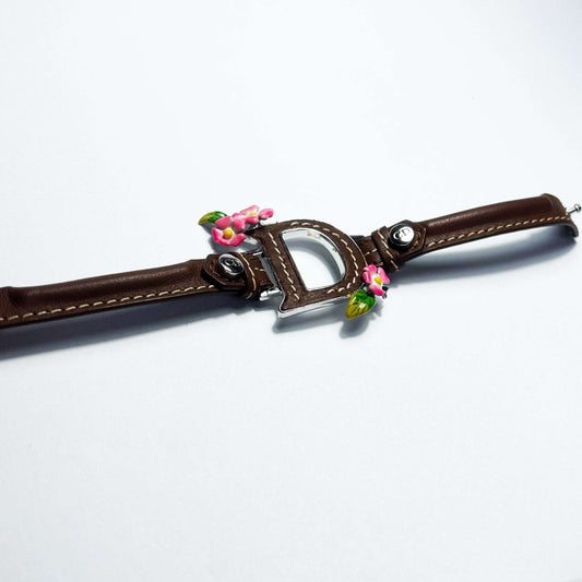 00's Dior Leather Bracelet with Enamel Flowers in Brown 