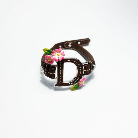 00's Dior Leather Bracelet with Enamel Flowers in Brown 