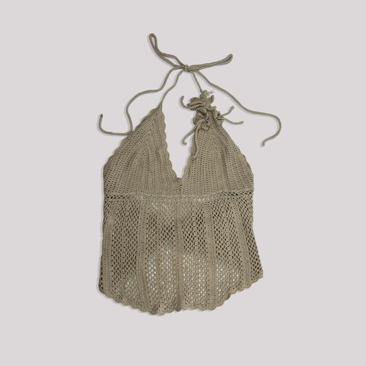 00's Morgan De Toi Crochet Halterneck Top in Tan with Floral Detail - One Size 