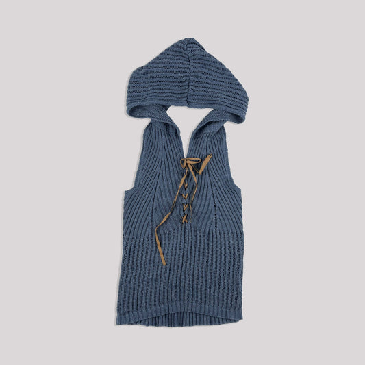 00's Morgan De Toi Hooded Halterneck Knit Top in Blue - S/M 