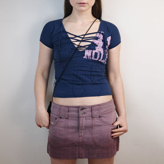 00's Nolita Baby Tee with Lace Up Neckline in Navy with Pink Numbers Print - M 