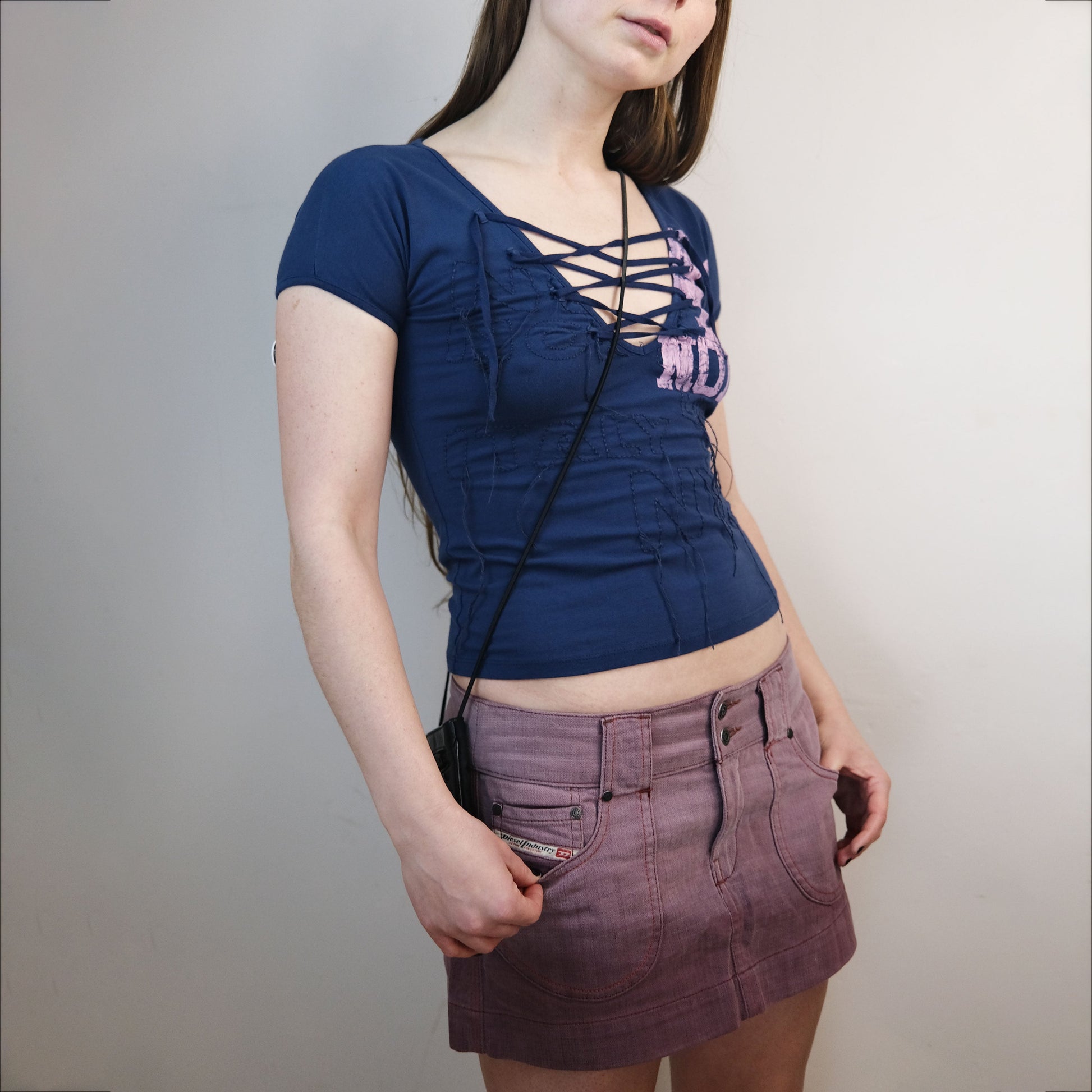 00's Nolita Baby Tee with Lace Up Neckline in Navy with Pink Numbers Print - M 