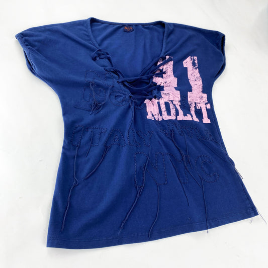 00's Nolita Baby Tee with Lace Up Neckline in Navy with Pink Numbers Print - M 