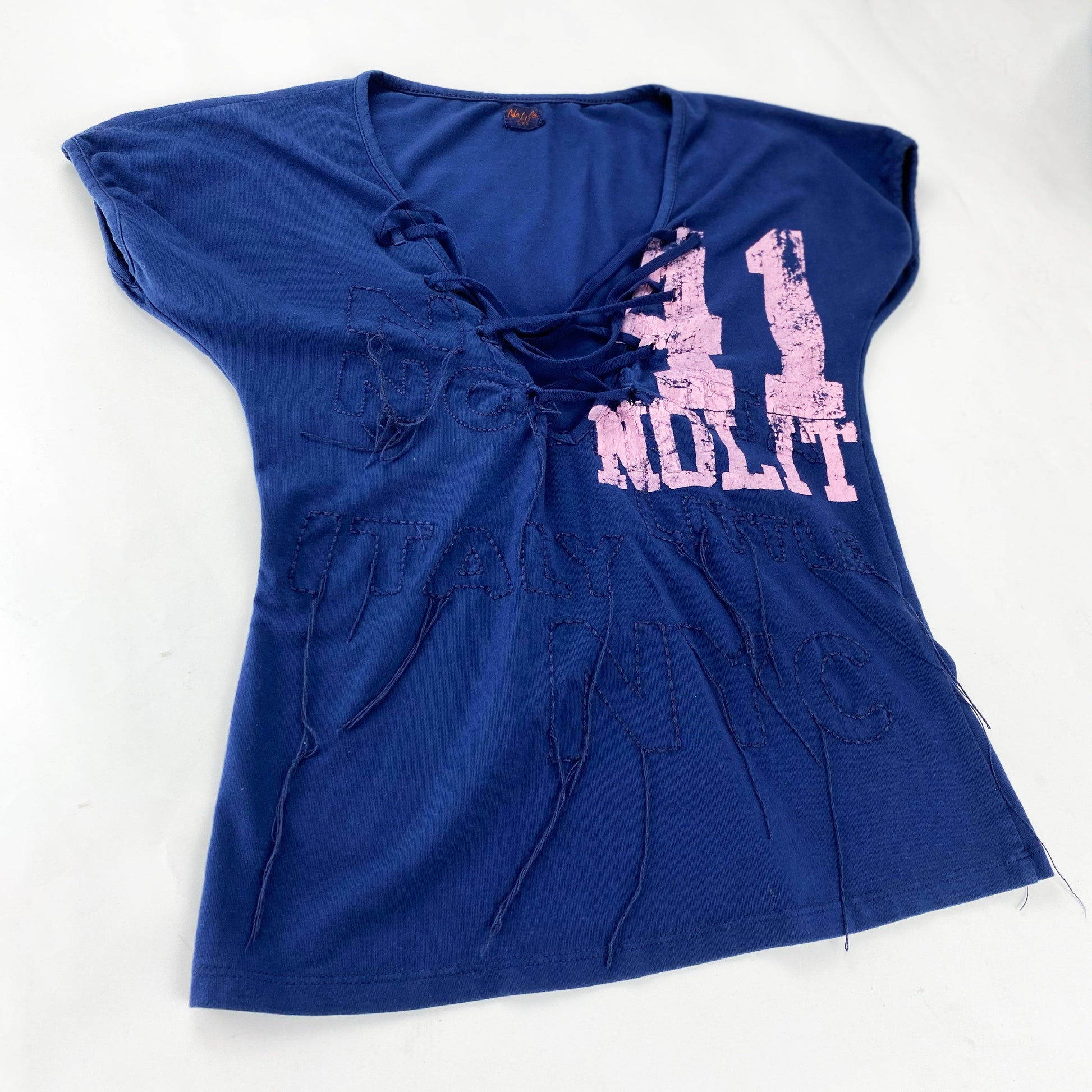 00's Nolita Baby Tee with Lace Up Neckline in Navy with Pink Numbers Print - M 