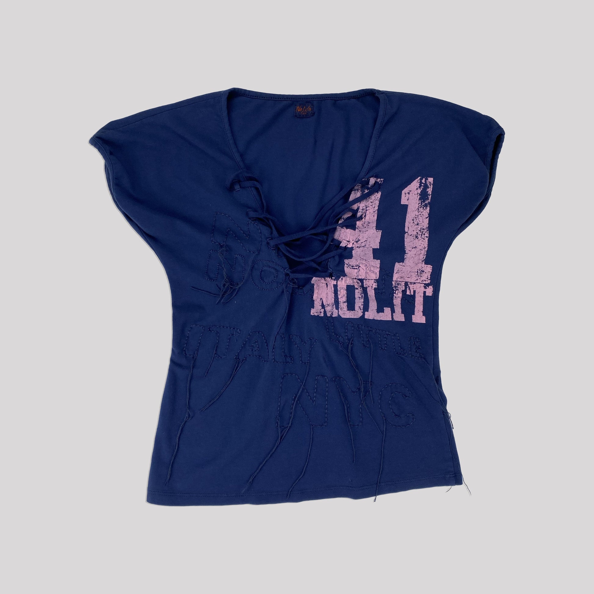 00's Nolita Baby Tee with Lace Up Neckline in Navy with Pink Numbers Print - M 
