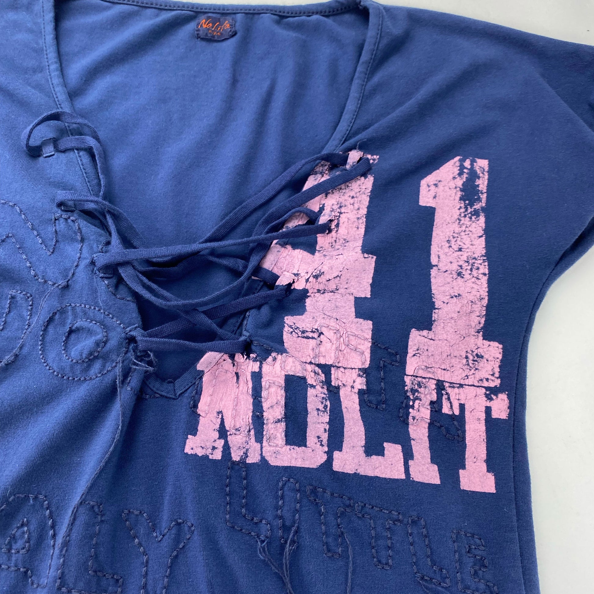 00's Nolita Baby Tee with Lace Up Neckline in Navy with Pink Numbers Print - M 