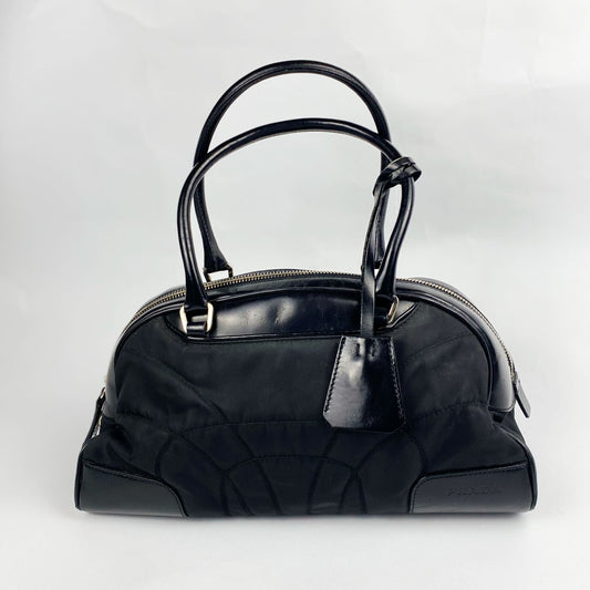 00's Prada Boston Bowling Bag in Black Nylon with Leather Trim 