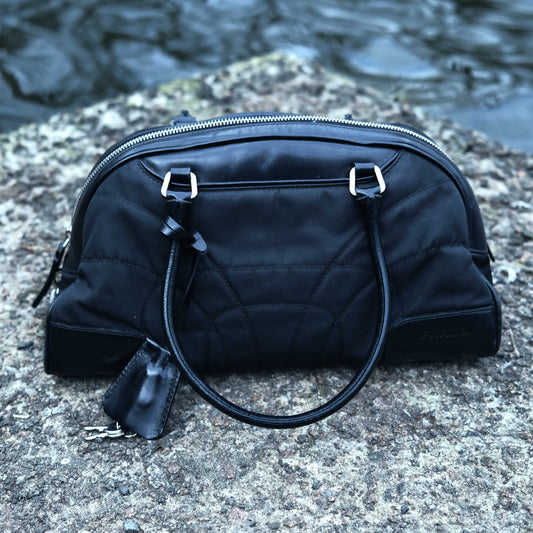 00's Prada Boston Bowling Bag in Black Nylon with Leather Trim 