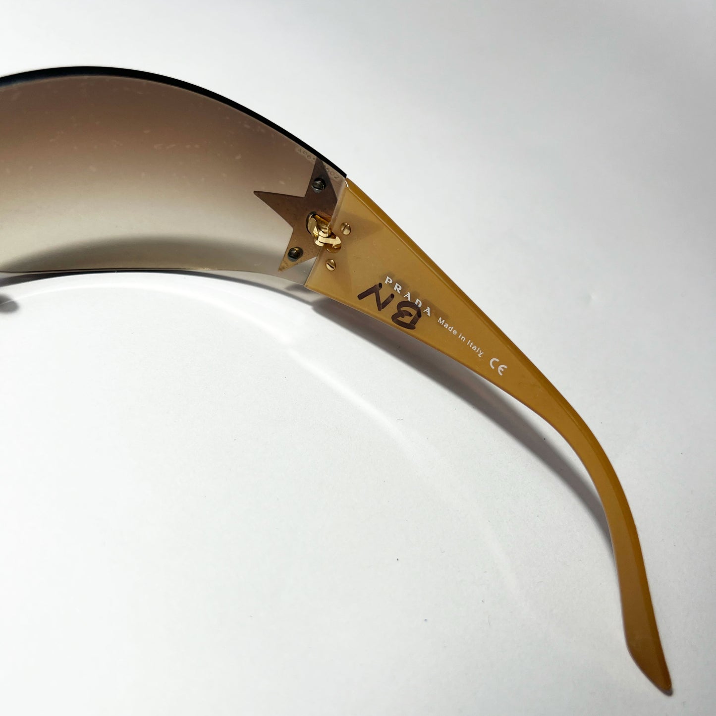 00's Prada Shield Sunglasses with Gold Star Detail in Tortoiseshell 