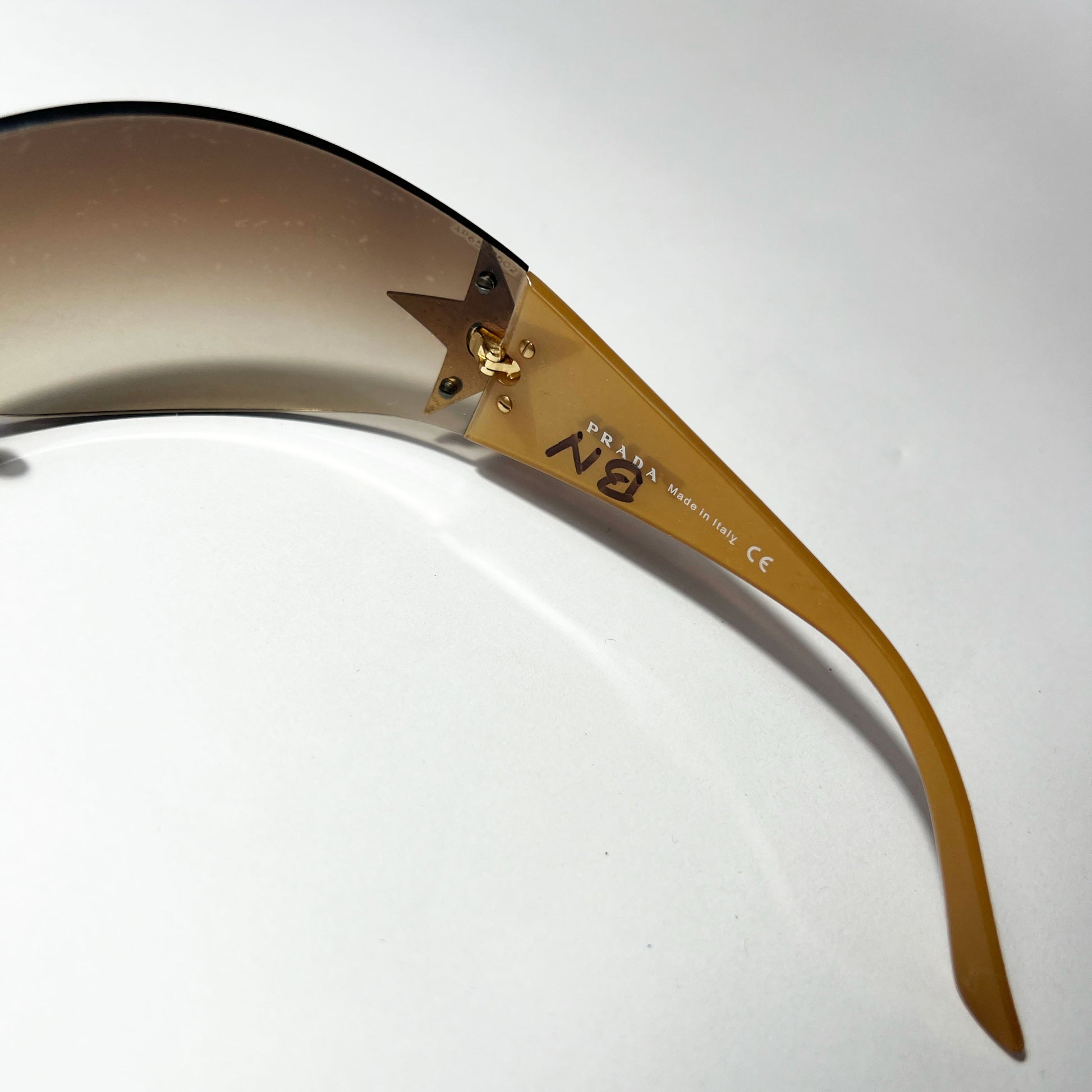 00's Prada Shield Sunglasses with Gold Star Detail in Tortoiseshell 