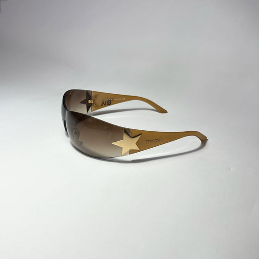 00's Prada Shield Sunglasses with Gold Star Detail in Tortoiseshell 