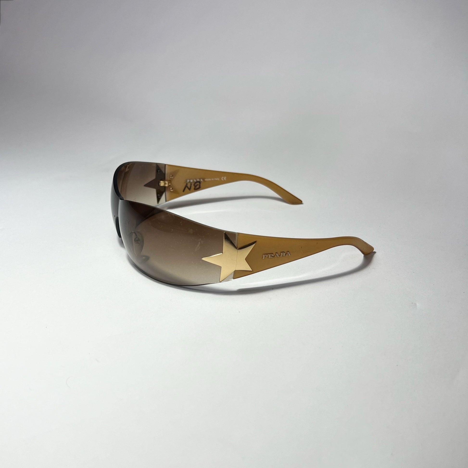 00's Prada Shield Sunglasses with Gold Star Detail in Tortoiseshell 