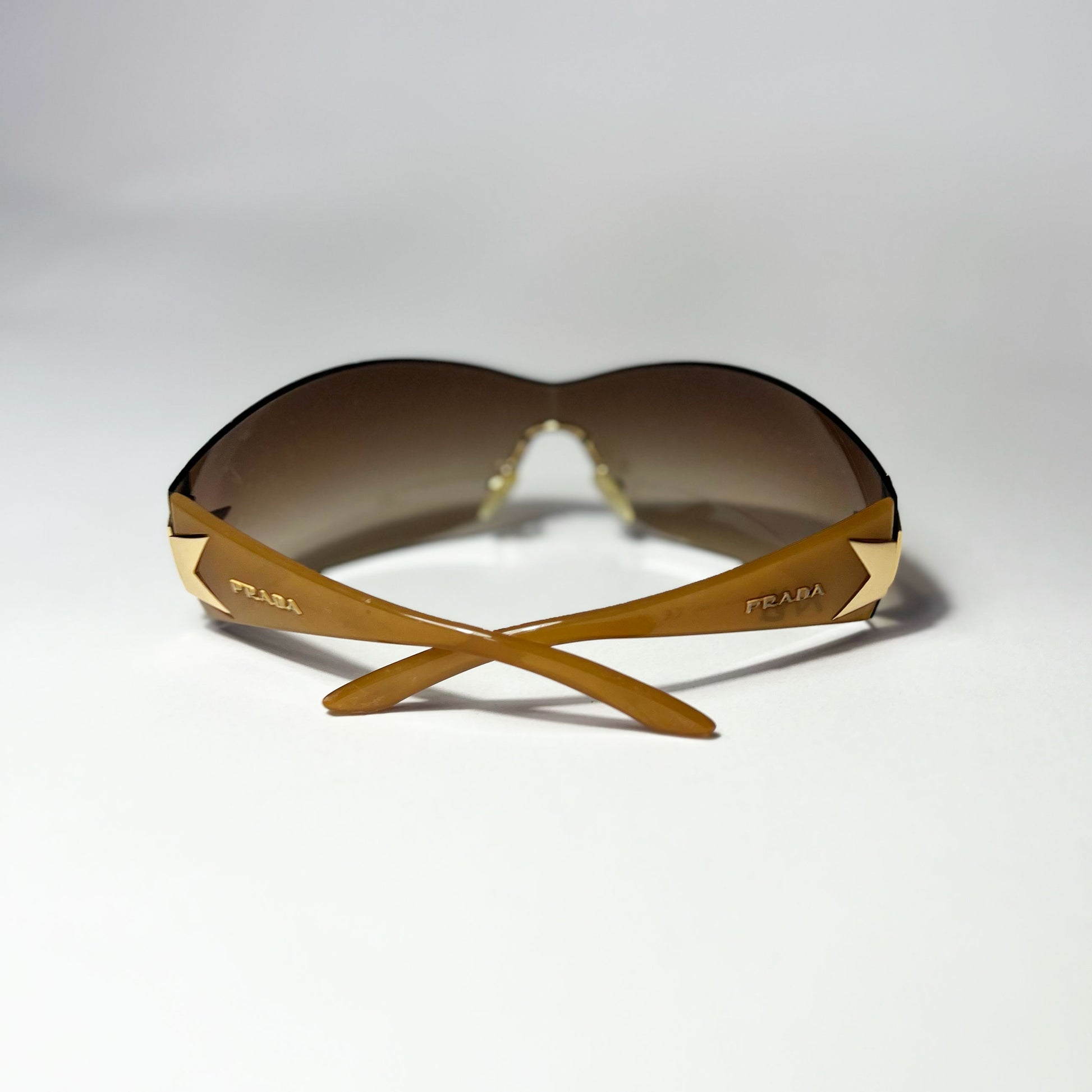 00's Prada Shield Sunglasses with Gold Star Detail in Tortoiseshell 