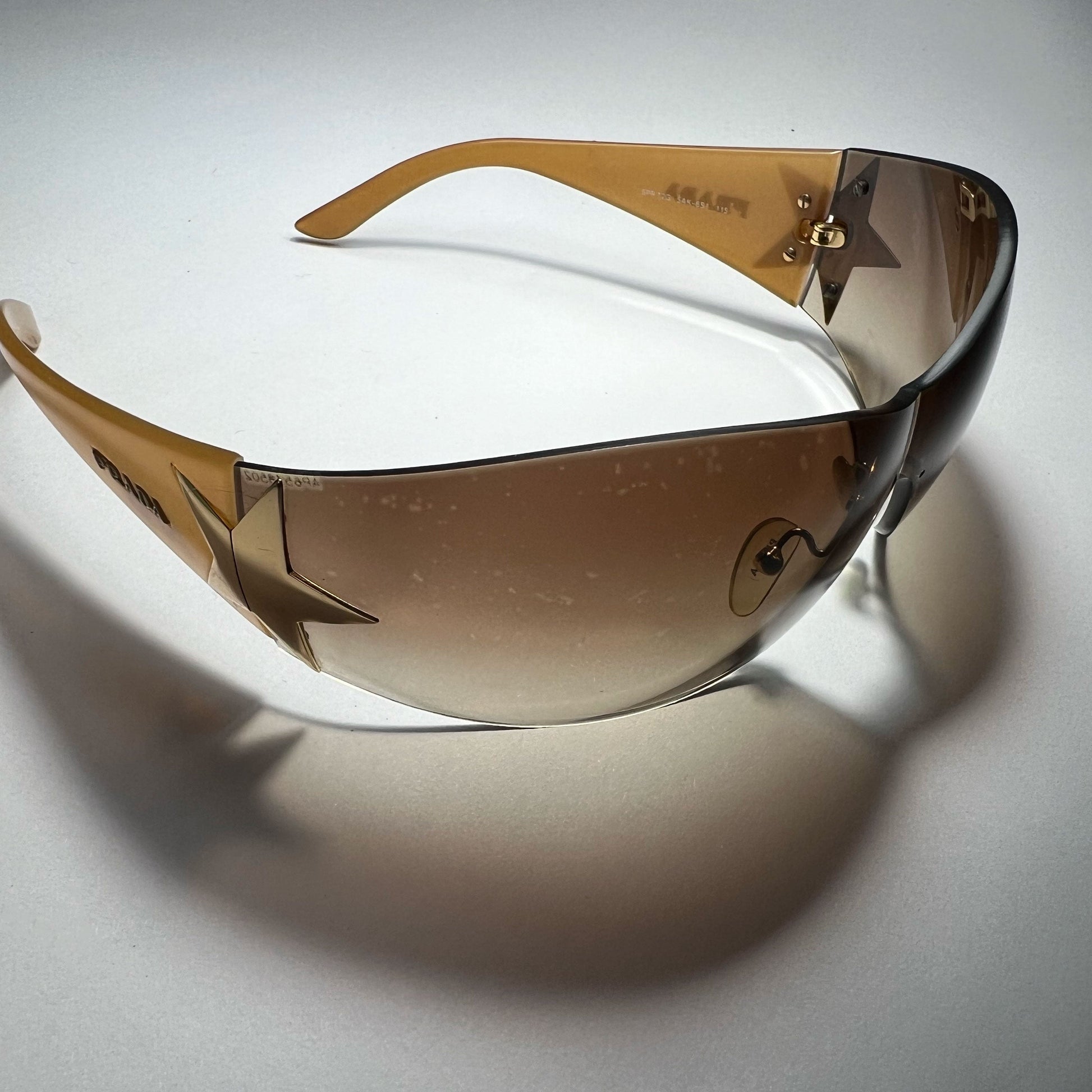 00's Prada Shield Sunglasses with Gold Star Detail in Tortoiseshell 