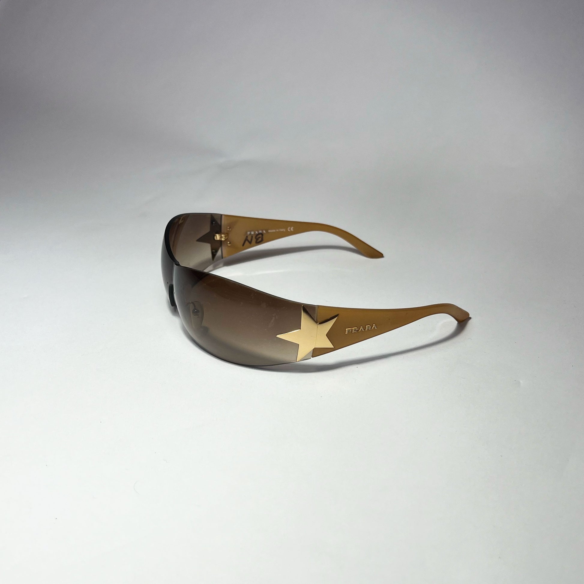 00's Prada Shield Sunglasses with Gold Star Detail in Tortoiseshell 