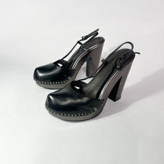 00's Prada Sling Back Heels with Studs in Black and Silver - UK 6 