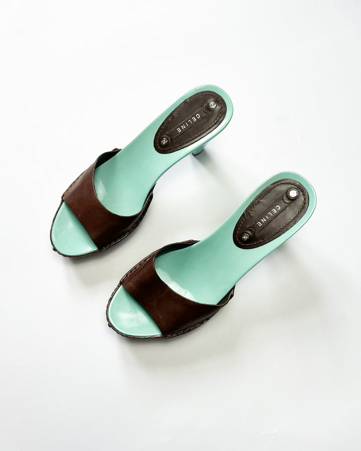 00's Celine Mule Colour Block Platform Heels in Aqua / Brown - UK 5