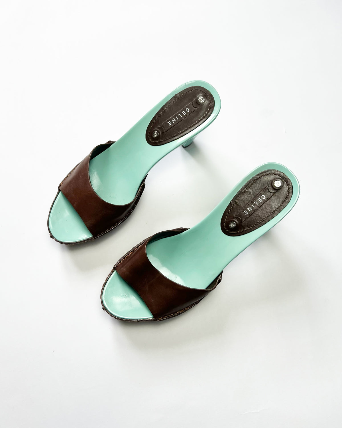 00's Celine Mule Colour Block Platform Heels in Aqua / Brown - UK 5