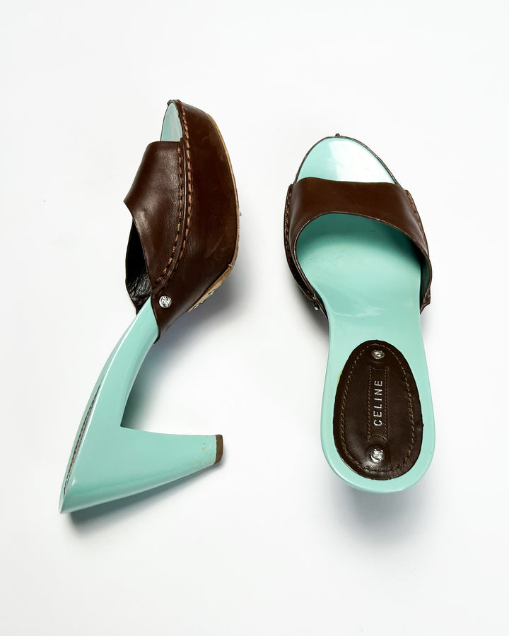 00's Celine Mule Colour Block Platform Heels in Aqua / Brown - UK 5