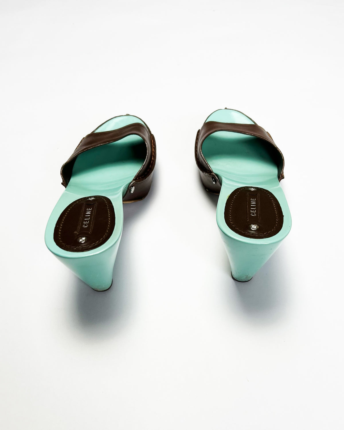 00's Celine Mule Colour Block Platform Heels in Aqua / Brown - UK 5