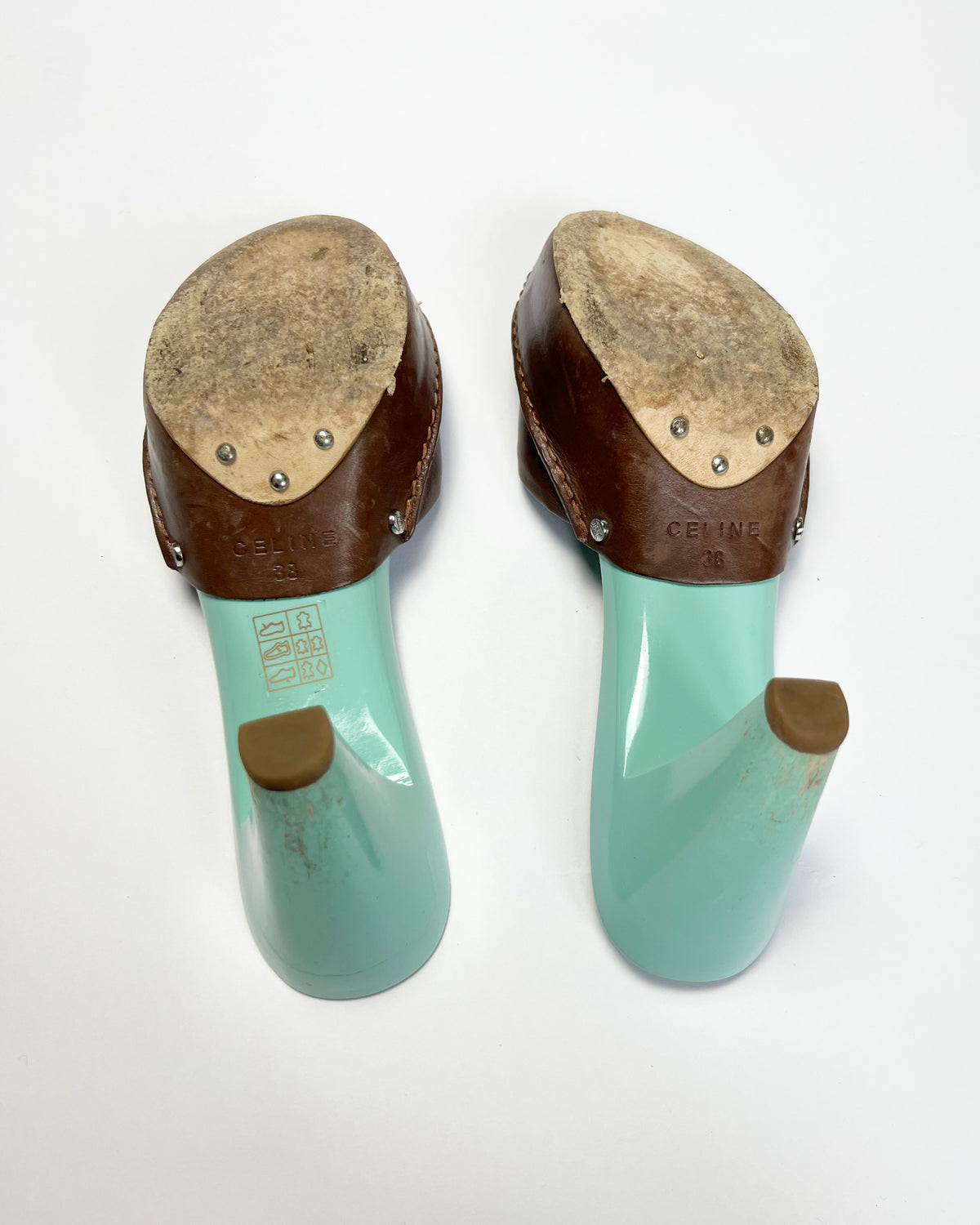 00's Celine Mule Colour Block Platform Heels in Aqua / Brown - UK 5