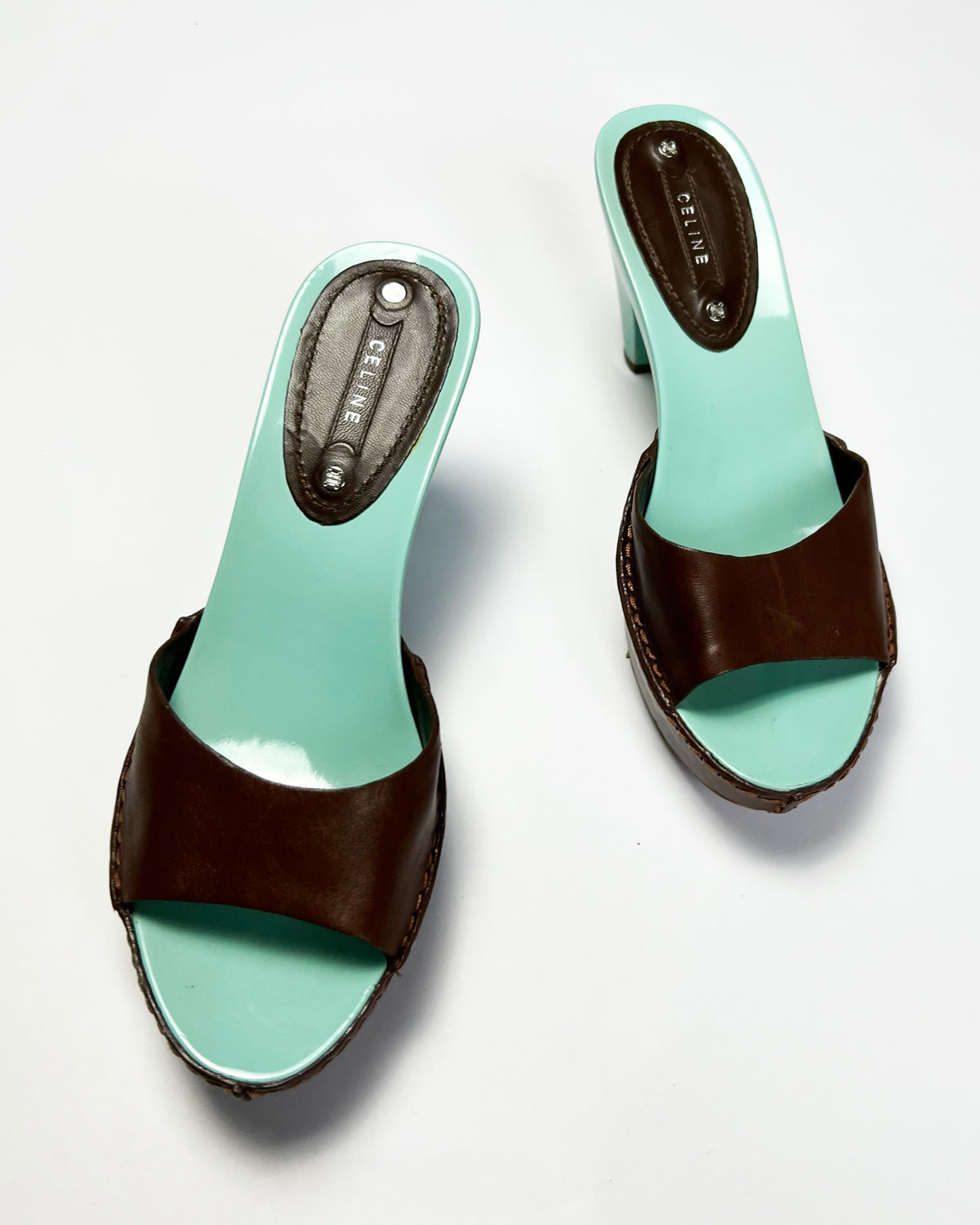00's Celine Mule Colour Block Platform Heels in Aqua / Brown - UK 5