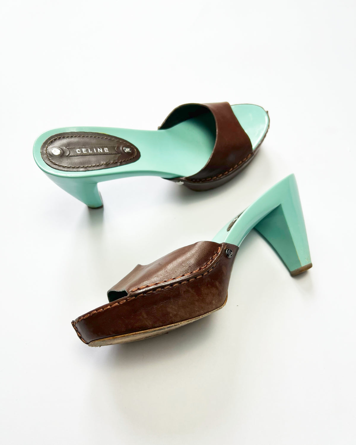 00's Celine Mule Colour Block Platform Heels in Aqua / Brown - UK 5