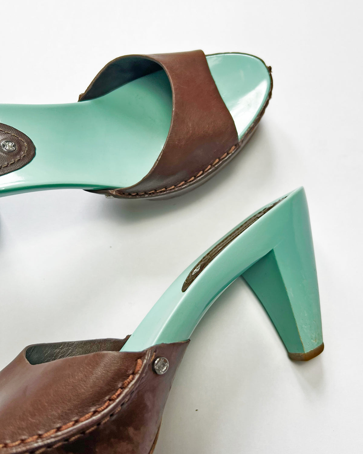 00's Celine Mule Colour Block Platform Heels in Aqua / Brown - UK 5